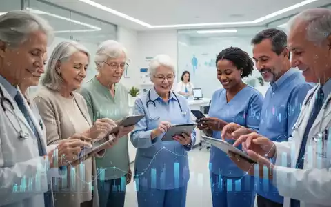 Eine vielfältige Gruppe von Menschen nutzt digitale Geräte, im Hintergrund ein modernes Büro oder eine Klinik, die Effizienz und Auswahl im Gesundheitswesen symbolisiert. - Foto: über boerse-global.de