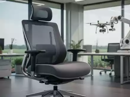 Ein moderner, ergonomischer Bürostuhl für größere Personen in einem Büro, mit angedeuteter Landwirtschaftstechnologie im Hintergrund. - Foto: über boerse-global.de