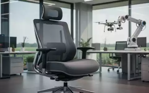 Ein moderner, ergonomischer Bürostuhl für größere Personen in einem Büro, mit angedeuteter Landwirtschaftstechnologie im Hintergrund. - Foto: über boerse-global.de