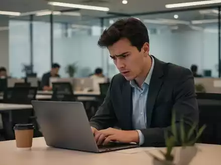Eine junge Fachkraft blickt frustriert, während sie heimlich einen Laptop in einem modernen, fast leeren Büro benutzt, mit einer Kaffeetasse in der Nähe. - Foto: über boerse-global.de