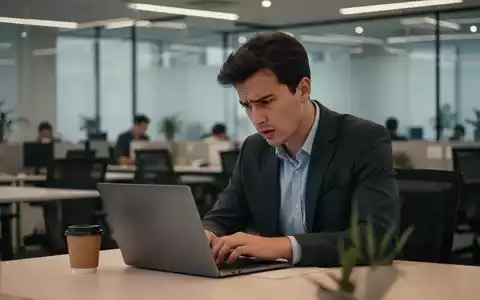 Eine junge Fachkraft blickt frustriert, während sie heimlich einen Laptop in einem modernen, fast leeren Büro benutzt, mit einer Kaffeetasse in der Nähe. - Foto: über boerse-global.de