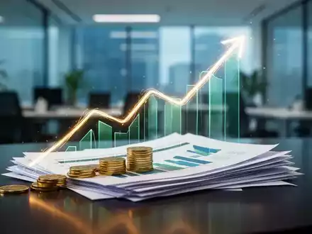 Ein stilisierter, aufwärts gerichteter Liniengraph aus Licht, der aus Finanzdokumenten und Münzen auf einem Schreibtisch emporsteigt. - Foto: über boerse-global.de