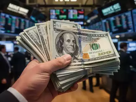Nahaufnahme einer Hand, die einen Stapel Geldscheine hält, mit unscharfem Hintergrund einer geschäftigen Börse. - Foto: über boerse-global.de