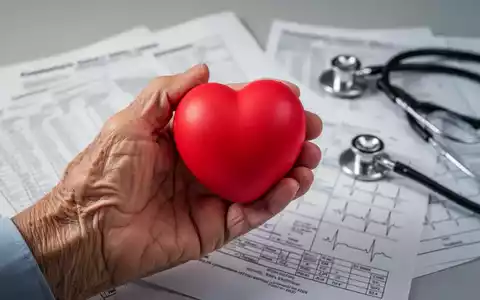 Ältere Hand hält einen herzförmigen Stressball; im Hintergrund verschwommen medizinische Diagramme und ein Stethoskop. - Foto: über boerse-global.de