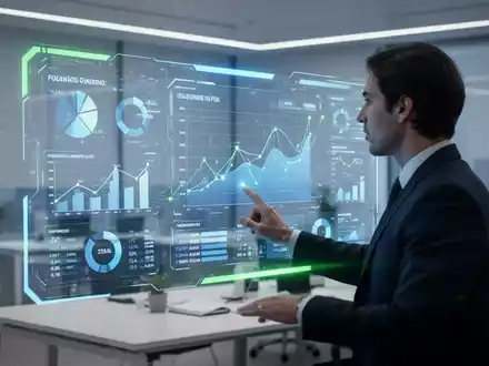 Eine Person interagiert mit einer futuristischen, holografischen Finanzplanungs-Oberfläche in einem modernen Büro. - Foto: über boerse-global.de