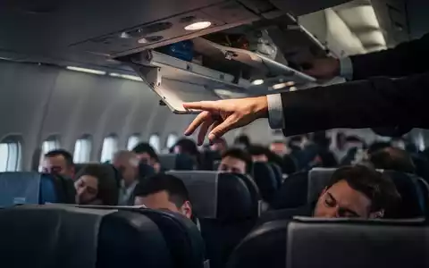 Eine Hand greift diskret in ein offenes Gepäckfach in einem Flugzeug. Im Hintergrund schlafen Passagiere. - Foto: über boerse-global.de