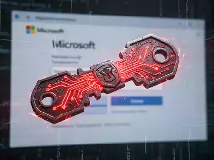 A glowing red digital token or key with circuits, symbolizing a cyber threat, over a blurred Microsoft login screen. - Foto: über boerse-global.de