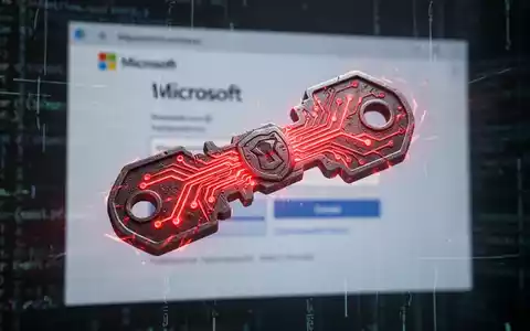 A glowing red digital token or key with circuits, symbolizing a cyber threat, over a blurred Microsoft login screen. - Foto: über boerse-global.de