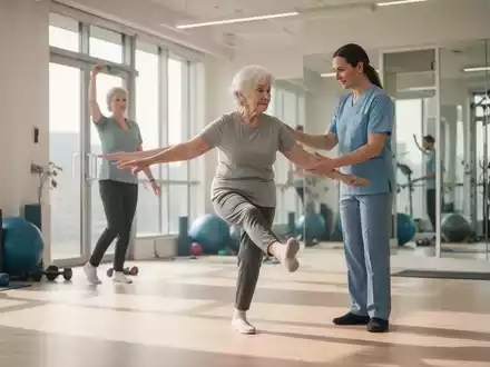 Eine ältere Frau macht unter Anleitung eines Physiotherapeuten Gleichgewichtsübungen in einem hellen Fitnessstudio. - Foto: über boerse-global.de