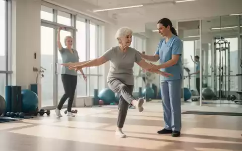 Eine ältere Frau macht unter Anleitung eines Physiotherapeuten Gleichgewichtsübungen in einem hellen Fitnessstudio. - Foto: über boerse-global.de