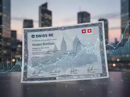 Nahaufnahme einer Swiss Re Aktie mit angedeuteten Finanzdaten und einem unscharfen Finanzviertel im Hintergrund. - Foto: über boerse-global.de