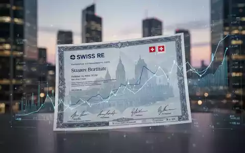 Nahaufnahme einer Swiss Re Aktie mit angedeuteten Finanzdaten und einem unscharfen Finanzviertel im Hintergrund. - Foto: über boerse-global.de