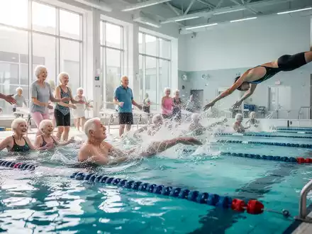 Senioren und junge Sportler schwimmen in einem modernen Hallenbad. Senioren in einem Kurs, junger Athlet springt ins Wasser. - Foto: über boerse-global.de