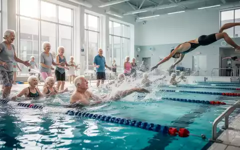 Senioren und junge Sportler schwimmen in einem modernen Hallenbad. Senioren in einem Kurs, junger Athlet springt ins Wasser. - Foto: ĂŒber boerse-global.de