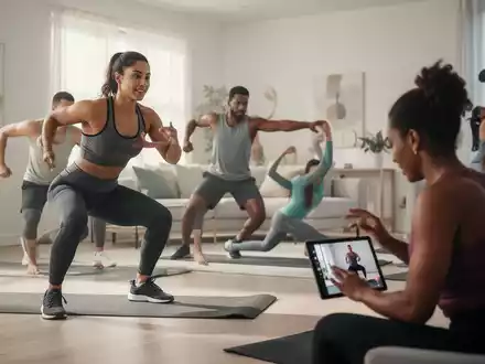 Menschen machen Online-Workouts zu Hause. Eine Person macht Kniebeugen, eine andere dehnt sich, eine dritte folgt einem Workout auf einem Tablet. - Foto: über boerse-global.de
