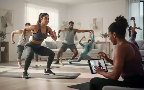 Menschen machen Online-Workouts zu Hause. Eine Person macht Kniebeugen, eine andere dehnt sich, eine dritte folgt einem Workout auf einem Tablet. - Foto: über boerse-global.de
