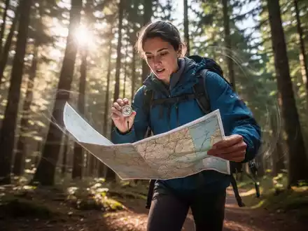 Eine Person orientiert sich im Wald mit Karte und Kompass, umgeben von Bäumen und Sonnenlicht. Fokus auf Bewegung und Konzentration. - Foto: über boerse-global.de