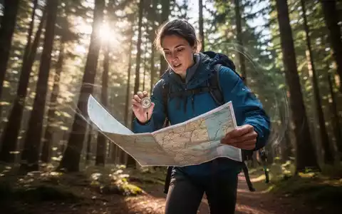 Eine Person orientiert sich im Wald mit Karte und Kompass, umgeben von Bäumen und Sonnenlicht. Fokus auf Bewegung und Konzentration. - Foto: über boerse-global.de