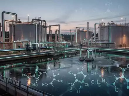 Eine moderne Kläranlage bei Dämmerung mit leuchtenden Rohren und Becken, die fortschrittliche Filtertechnologie symbolisieren. - Foto: über boerse-global.de