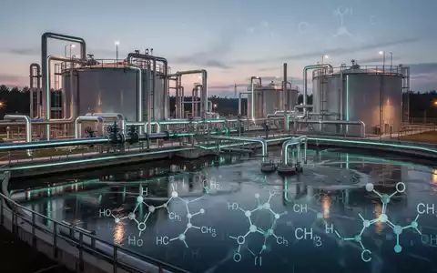 Eine moderne Kläranlage bei Dämmerung mit leuchtenden Rohren und Becken, die fortschrittliche Filtertechnologie symbolisieren. - Foto: über boerse-global.de