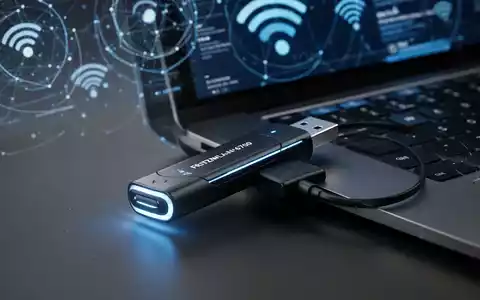 A close-up of a modern USB Wi-Fi adapter plugged into a laptop, with a subtle blue glow. - Foto: über boerse-global.de