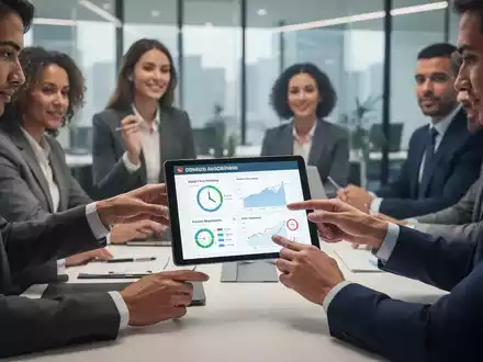 Eine Gruppe von Geschäftsleuten arbeitet in einem modernen Büro und verwendet digitale Tools zur Arbeitszeiterfassung und Compliance. - Foto: über boerse-global.de