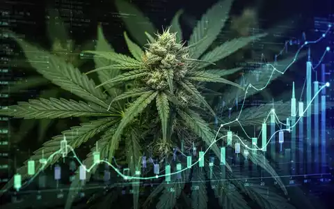 Nahaufnahme von Cannabisblüten mit digitalen Überlagerungen, die Finanzen und medizinische Regulierung symbolisieren. - Foto: über boerse-global.de