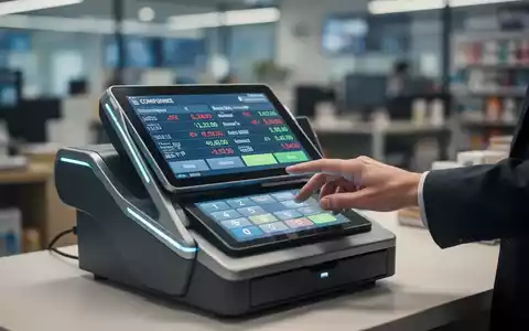 Nahaufnahme eines modernen Kassensystems, das Finanzdaten anzeigt, und einer Hand, die den Touchscreen bedient. - Foto: über boerse-global.de