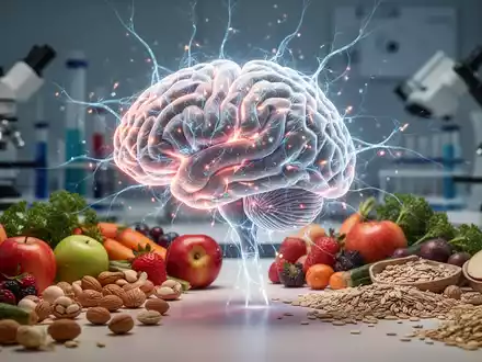 Ein stilisiertes Gehirn mit leuchtenden neuronalen Netzwerken, umgeben von gesunden Lebensmitteln und Forschungsgeräten. - Foto: über boerse-global.de
