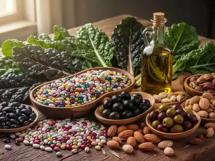 Eine Stillleben-Anordnung von frischen, pflanzlichen Lebensmitteln wie Hülsenfrüchten, Oliven, Nüssen und Gemüse auf einem Holztisch. - Foto: über boerse-global.de