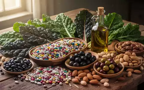 Eine Stillleben-Anordnung von frischen, pflanzlichen Lebensmitteln wie Hülsenfrüchten, Oliven, Nüssen und Gemüse auf einem Holztisch. - Foto: über boerse-global.de