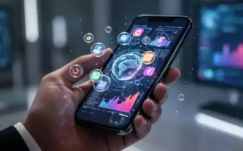 A hand holding a smartphone displaying a futuristic user interface with floating app bubbles, symbolizing advanced mobile technology and multitasking. - Foto: über boerse-global.de