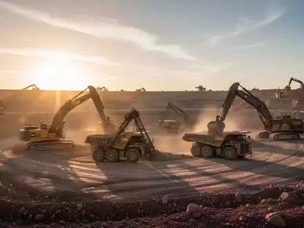 Ein Weitwinkelbild einer aktiven Tagebaumine in einer Wüstenlandschaft bei Sonnenuntergang, mit schweren Maschinen und goldenem Licht. - Foto: über boerse-global.de