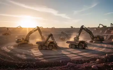 Ein Weitwinkelbild einer aktiven Tagebaumine in einer Wüstenlandschaft bei Sonnenuntergang, mit schweren Maschinen und goldenem Licht. - Foto: über boerse-global.de