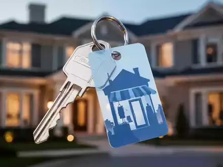 Ein moderner Hausschlüssel mit einem Anhänger, der eine Einzelhandelsfiliale symbolisiert, vor unscharfem Wohngebäudehintergrund. - Foto: über boerse-global.de