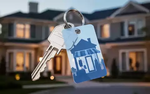 Ein moderner Hausschlüssel mit einem Anhänger, der eine Einzelhandelsfiliale symbolisiert, vor unscharfem Wohngebäudehintergrund. - Foto: über boerse-global.de