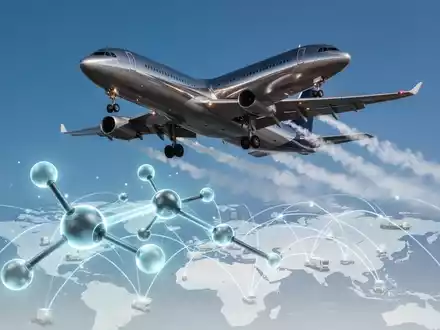Ein modernes Frachtflugzeug hebt ab, mit einem stilisierten Kraftstoffmolekül und globalen Logistikrouten im Vordergrund. - Foto: über boerse-global.de