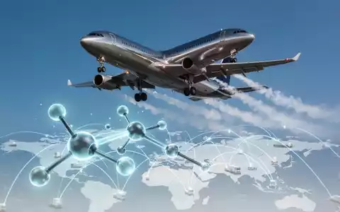 Ein modernes Frachtflugzeug hebt ab, mit einem stilisierten Kraftstoffmolekül und globalen Logistikrouten im Vordergrund. - Foto: über boerse-global.de