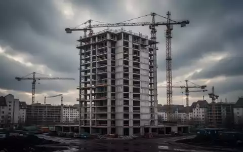 Ein verlassenes, teilweise fertiggestelltes Betonhochhaus unter einem dramatischen Himmel in einer deutschen Stadt, Kräne stehen still. - Foto: über boerse-global.de