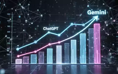 Eine futuristische digitale Grafik, die fallende und steigende Linien für ChatGPT und Gemini zeigt, symbolisiert Marktverschiebung bei KI. - Foto: über boerse-global.de