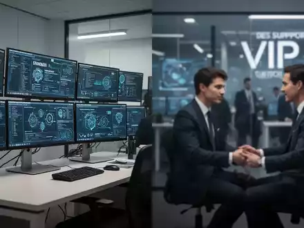 Ein stilisiertes Bild, das eine moderne IT-Support-Umgebung darstellt, mit einem Standard-Arbeitsplatz und VIP-Support im Hintergrund. - Foto: über boerse-global.de
