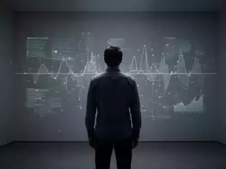 Eine Person steht nachdenklich in einem minimalistischen Raum und blickt auf eine Wand mit abstrakten Datenvisualisierungen. - Foto: über boerse-global.de