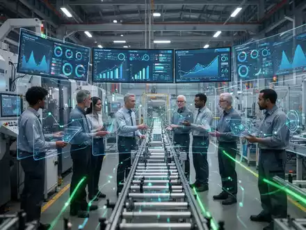 Eine hochmoderne Fabrikhalle mit Maschinen und digitalen Dashboards, die Echtzeit-Produktionsdaten und Effizienzmetriken anzeigen. - Foto: über boerse-global.de