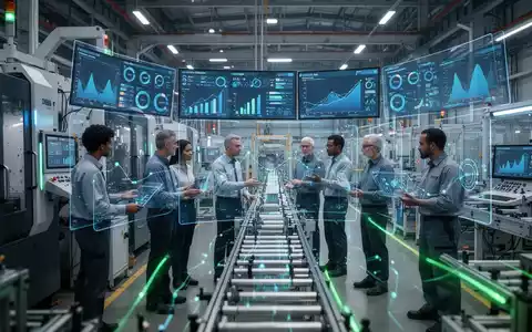 Eine hochmoderne Fabrikhalle mit Maschinen und digitalen Dashboards, die Echtzeit-Produktionsdaten und Effizienzmetriken anzeigen. - Foto: über boerse-global.de