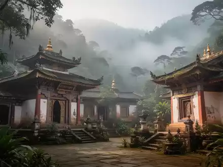 Ein ruhiger, alter buddhistischer Tempel oder Kloster in einer üppigen, nebligen Berglandschaft, der Frieden und Weisheit ausstrahlt. - Foto: über boerse-global.de