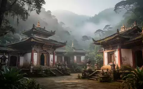 Ein ruhiger, alter buddhistischer Tempel oder Kloster in einer üppigen, nebligen Berglandschaft, der Frieden und Weisheit ausstrahlt. - Foto: über boerse-global.de