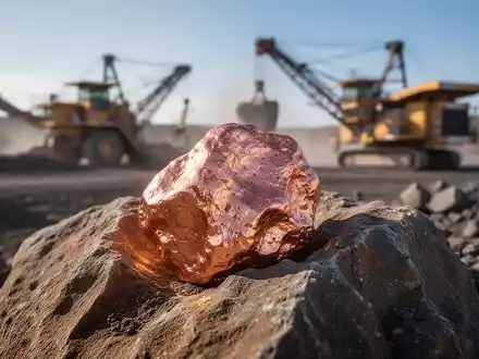 Nahaufnahme eines glänzenden Kupfererzes, teilweise in Gestein eingebettet, mit unscharfem Bergbau im Hintergrund. - Foto: über boerse-global.de