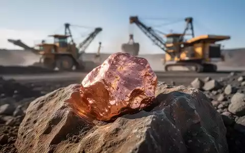 Nahaufnahme eines glänzenden Kupfererzes, teilweise in Gestein eingebettet, mit unscharfem Bergbau im Hintergrund. - Foto: über boerse-global.de