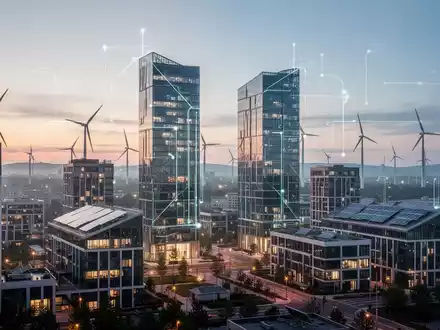 Eine städtische Skyline bei Dämmerung mit modernen Gebäuden und Windturbinen im Hintergrund, die nachhaltige Entwicklung und saubere Energie symbolisieren. - Foto: über boerse-global.de
