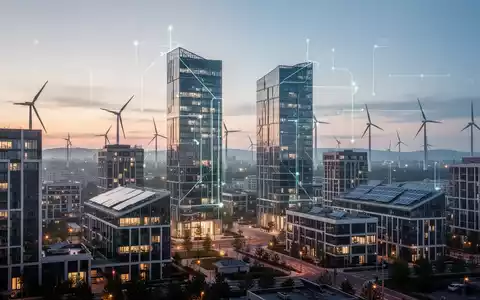 Eine städtische Skyline bei Dämmerung mit modernen Gebäuden und Windturbinen im Hintergrund, die nachhaltige Entwicklung und saubere Energie symbolisieren. - Foto: über boerse-global.de